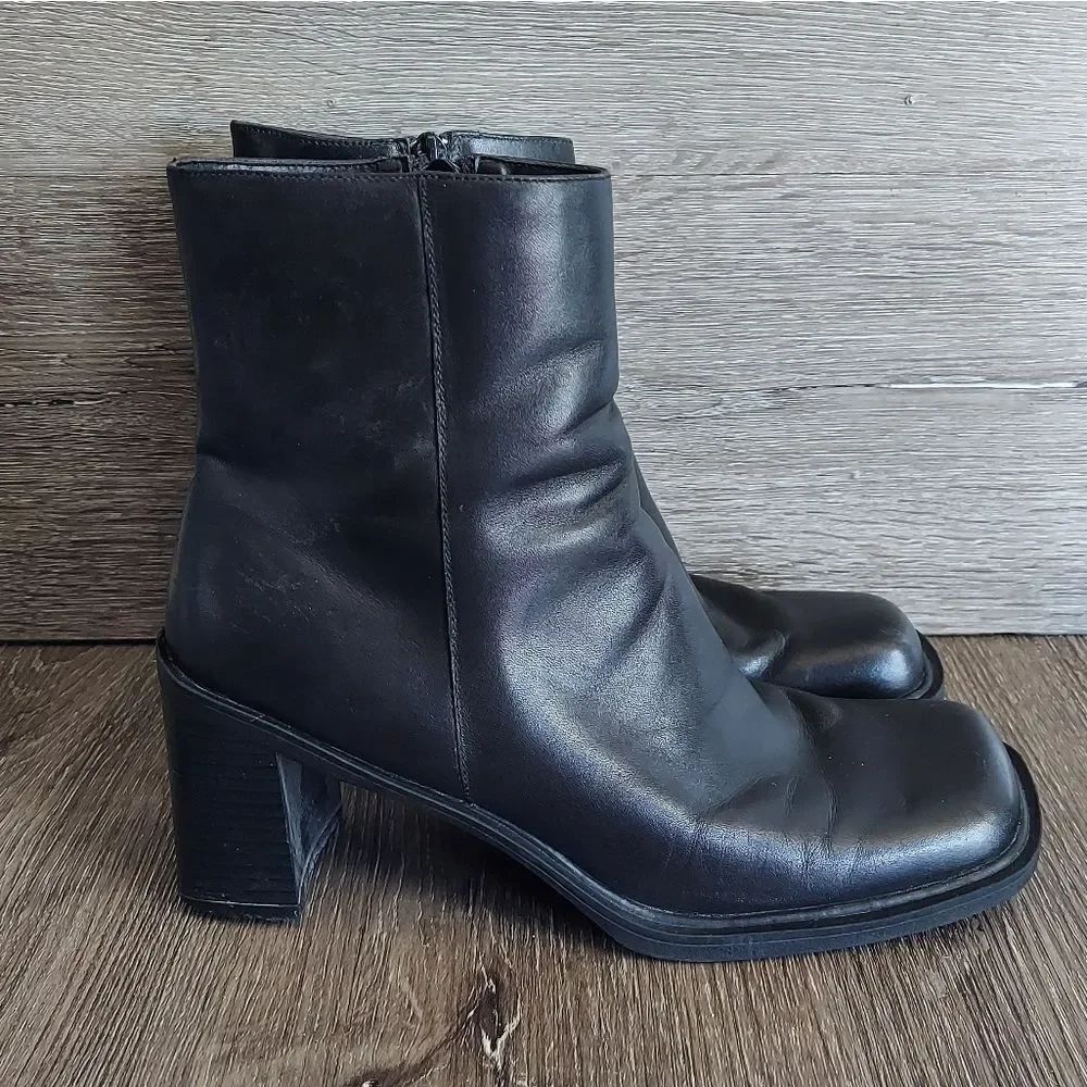 Vintage Womens Size 8.5 Merona Y2K Chunky Heel Square Toe Black Leather Boots